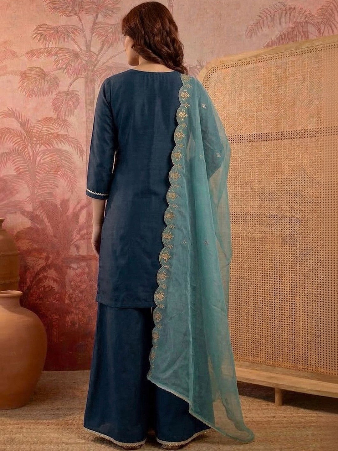 Embroidered Round Neck Kurta & Palazzos With Dupatta
