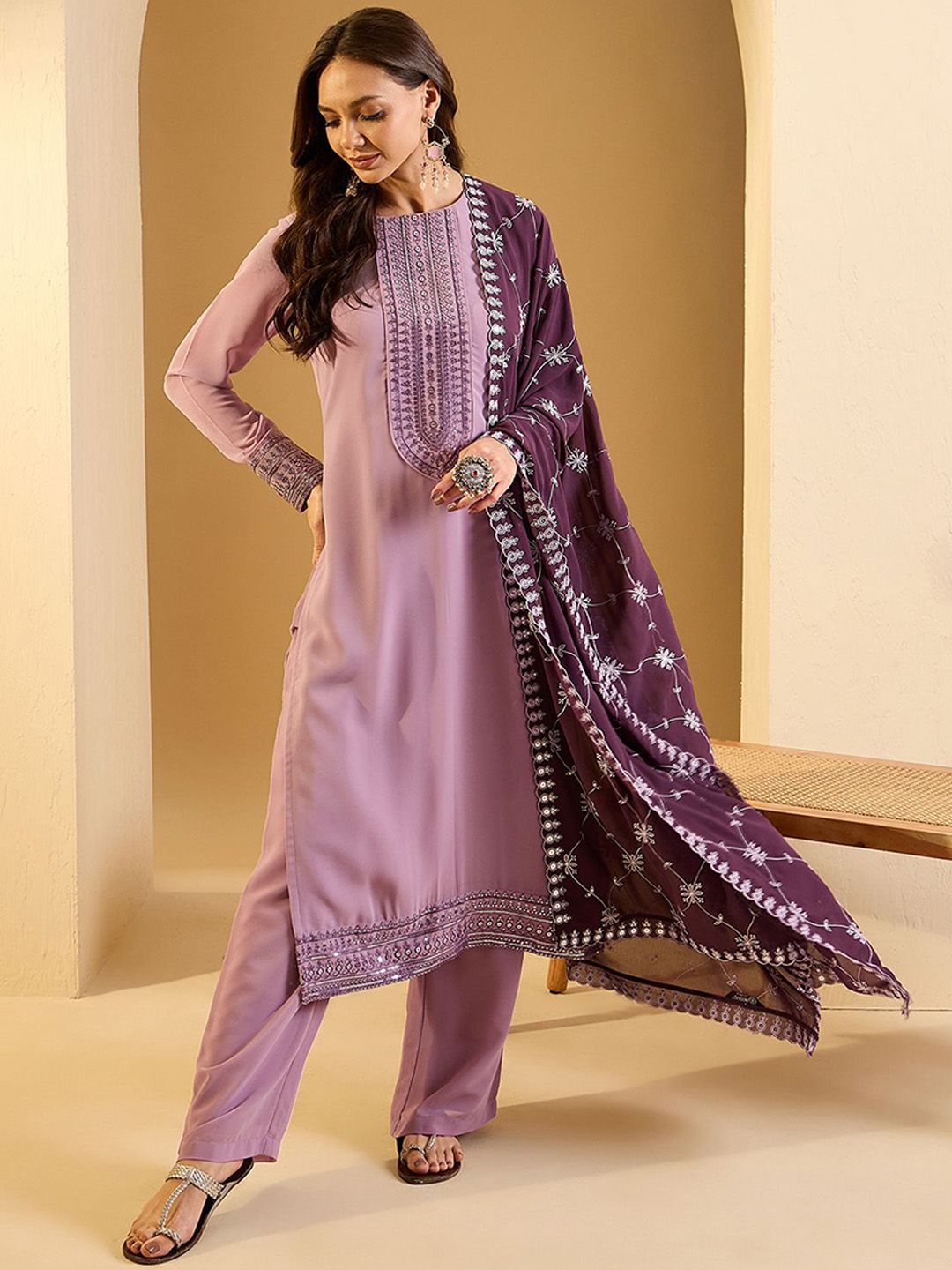 Dhiyona IN Ethnic Motifs Yoke Design Sequinned Straight Kurta With Palazzos & Dupatta