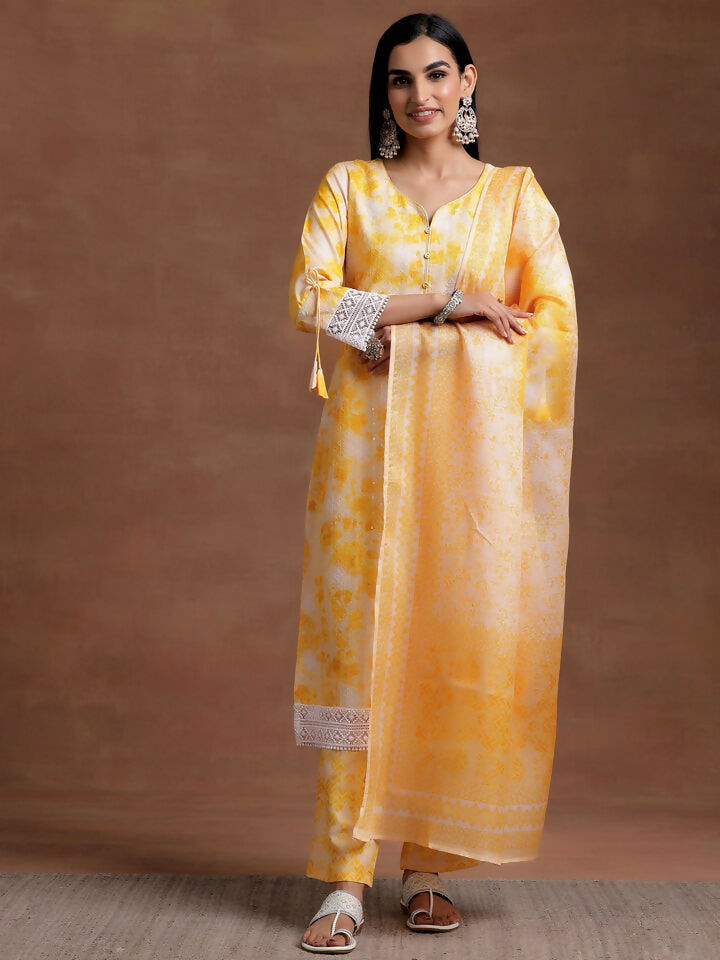 Women's LB Yellow Embroidered Cotton Blend Straight Suit With Dupatta