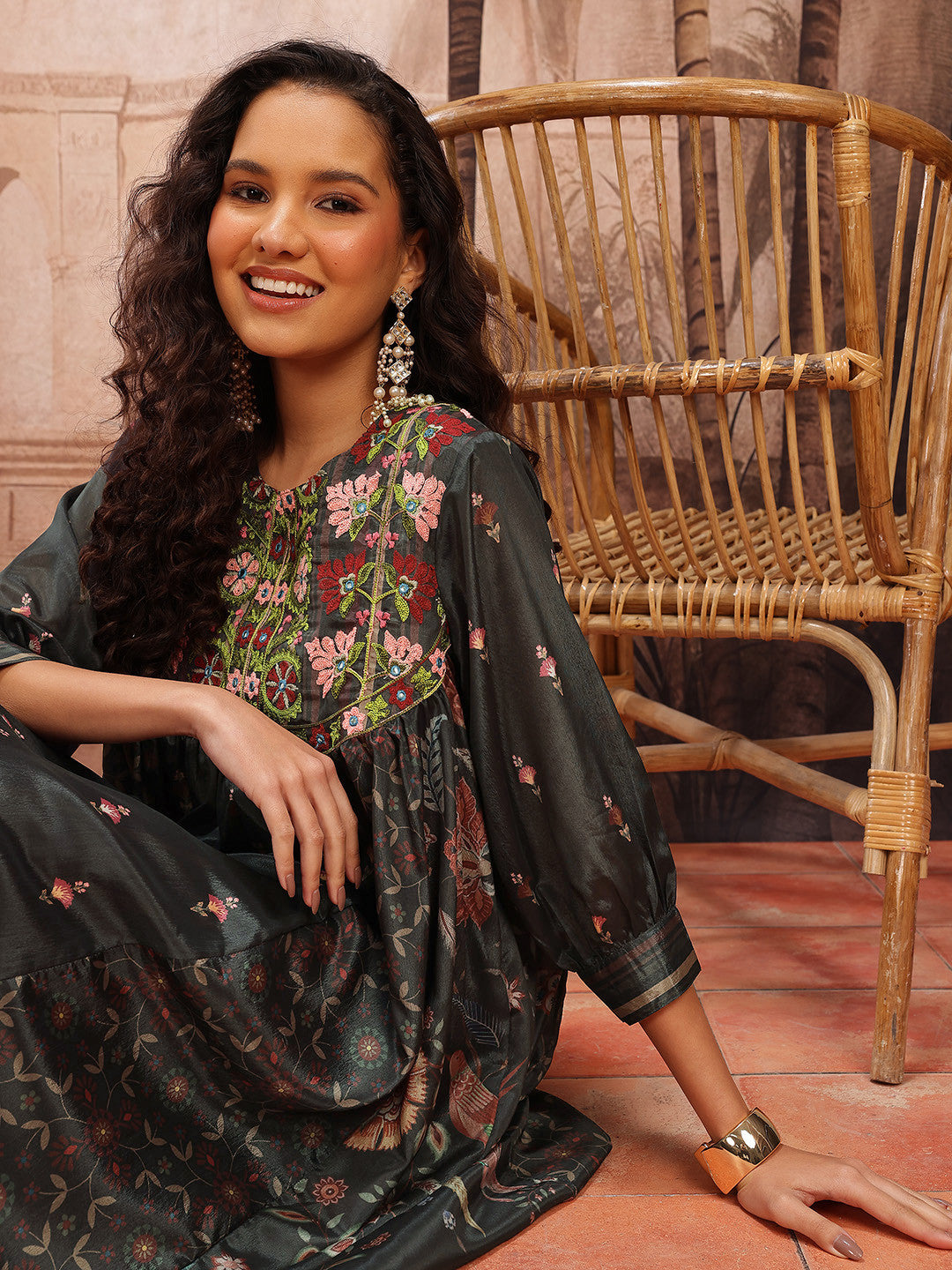 Ethnic Motifs Printed Thread Work Empire A-Line Kurta with Palazzos
