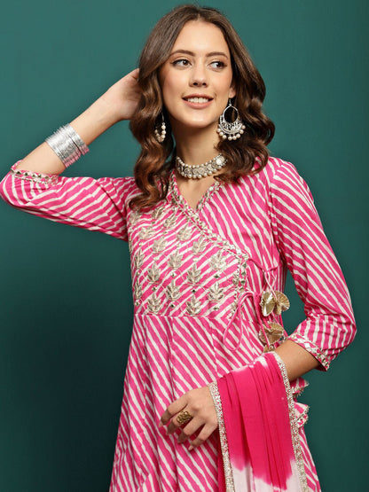 Fuchsia Floral Embroidered V-Neck Angrakha Anarkali Kurta With Trouser & Dupatta