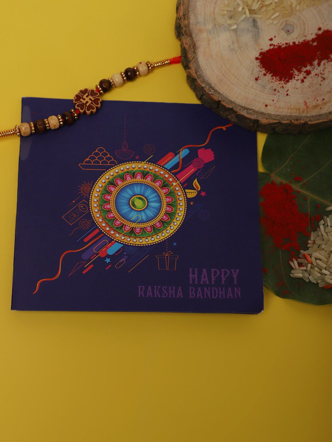 Dhiyona Unisex Red Swastik Charm & Beaded Rakhi With Roli Chawal & Greetings Card
