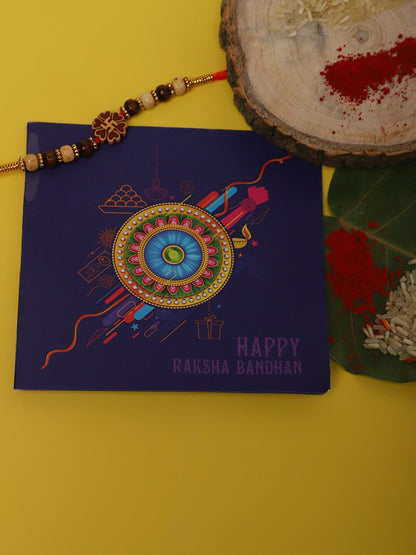 Dhiyona Unisex Red Swastik Charm & Beaded Rakhi With Roli Chawal & Greetings Card