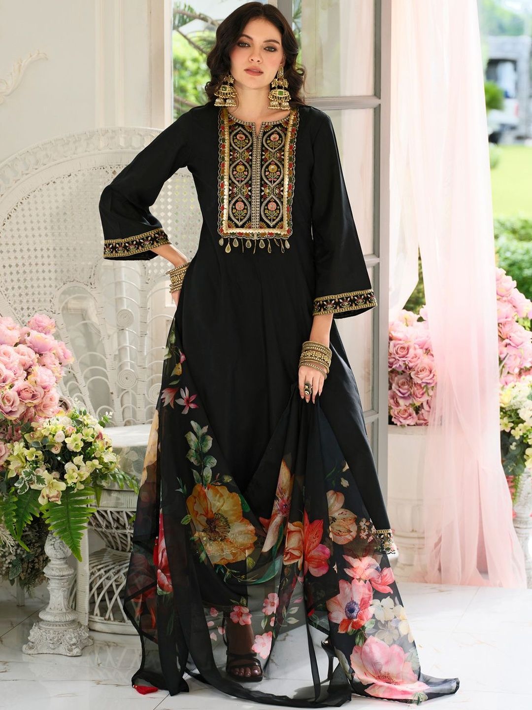 Dhiyona IE Women Ethnic Motifs Regular Sequinned Kurta with Trousers & With Dupatta