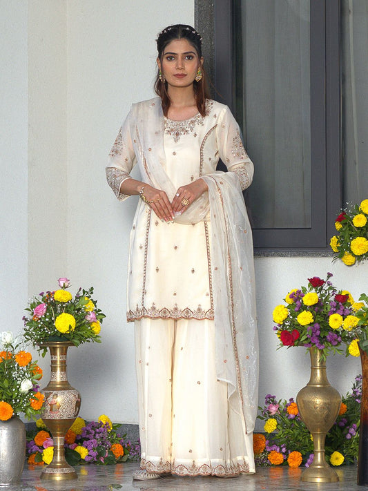 Dhiyona CH Georgette Embroidered Kurta Set With Sharara & Dupatta