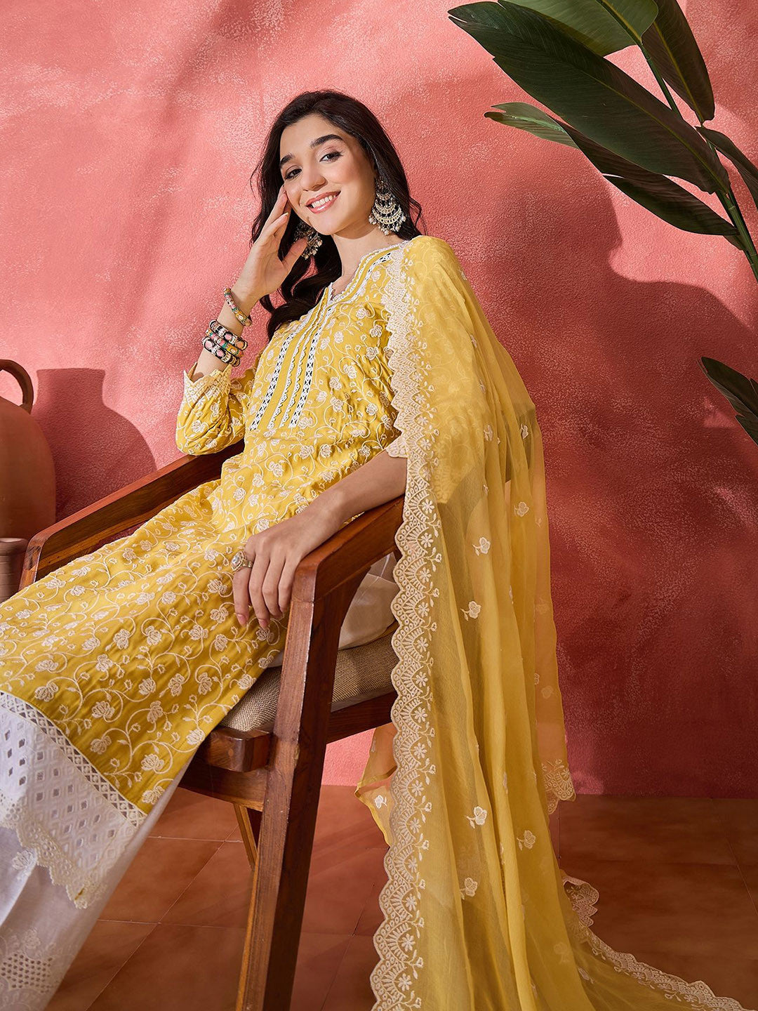 Women Floral Embroidered Cotton Kurta with Trousers & Dupatta