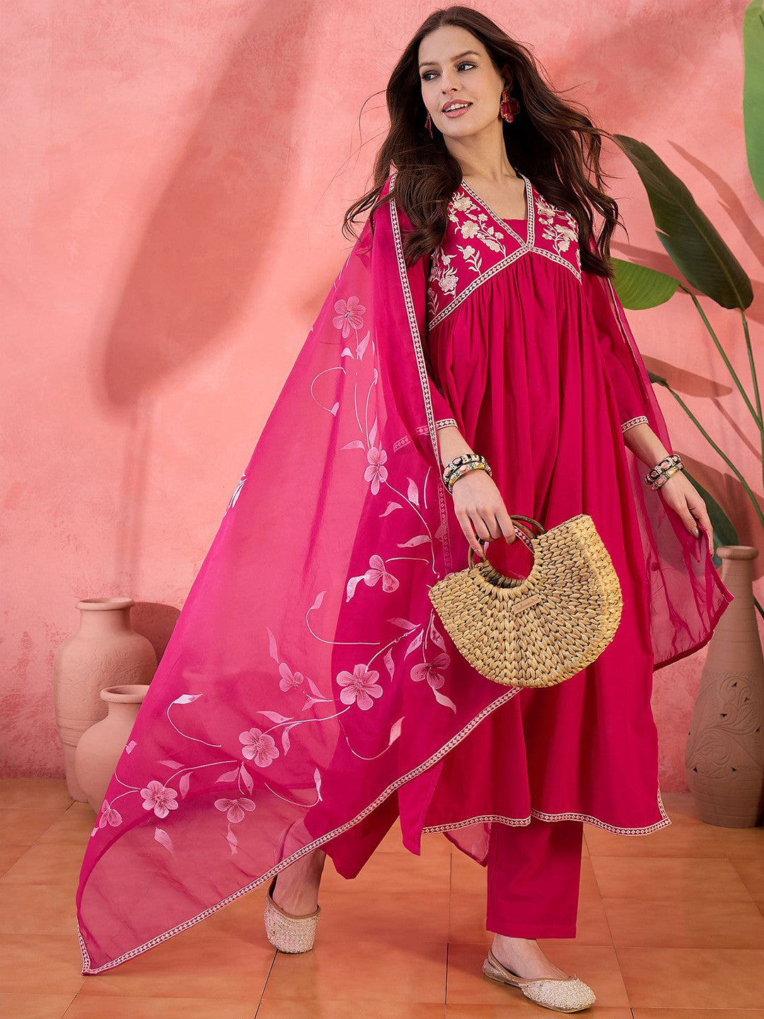 Dhiyona SN Pink Floral Yoke Design Empire V-Neck Pure Cotton Kurta With Trouser And Dupatta