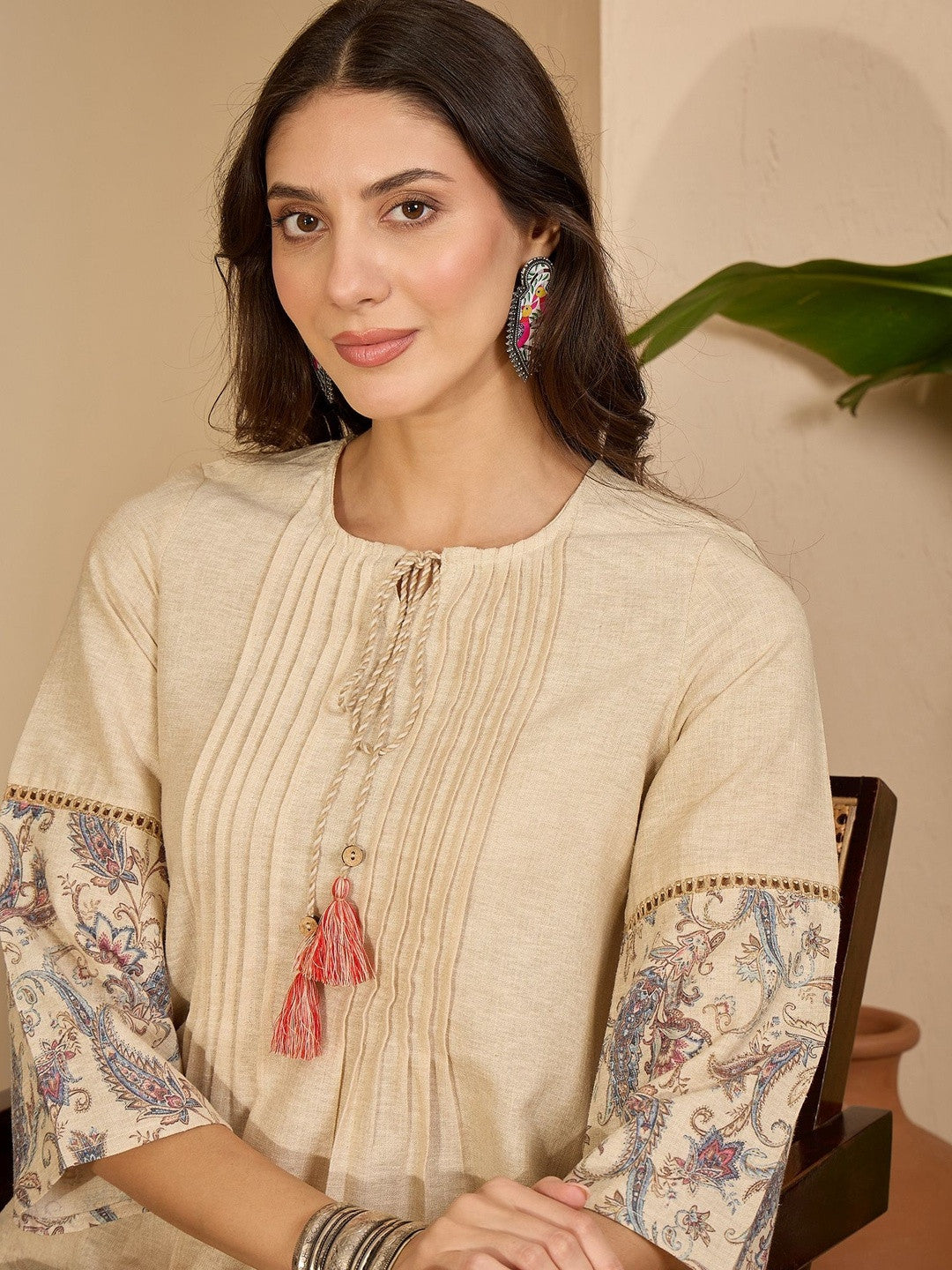 Floral Printed Round Neck A-Line Kurta & Trousers