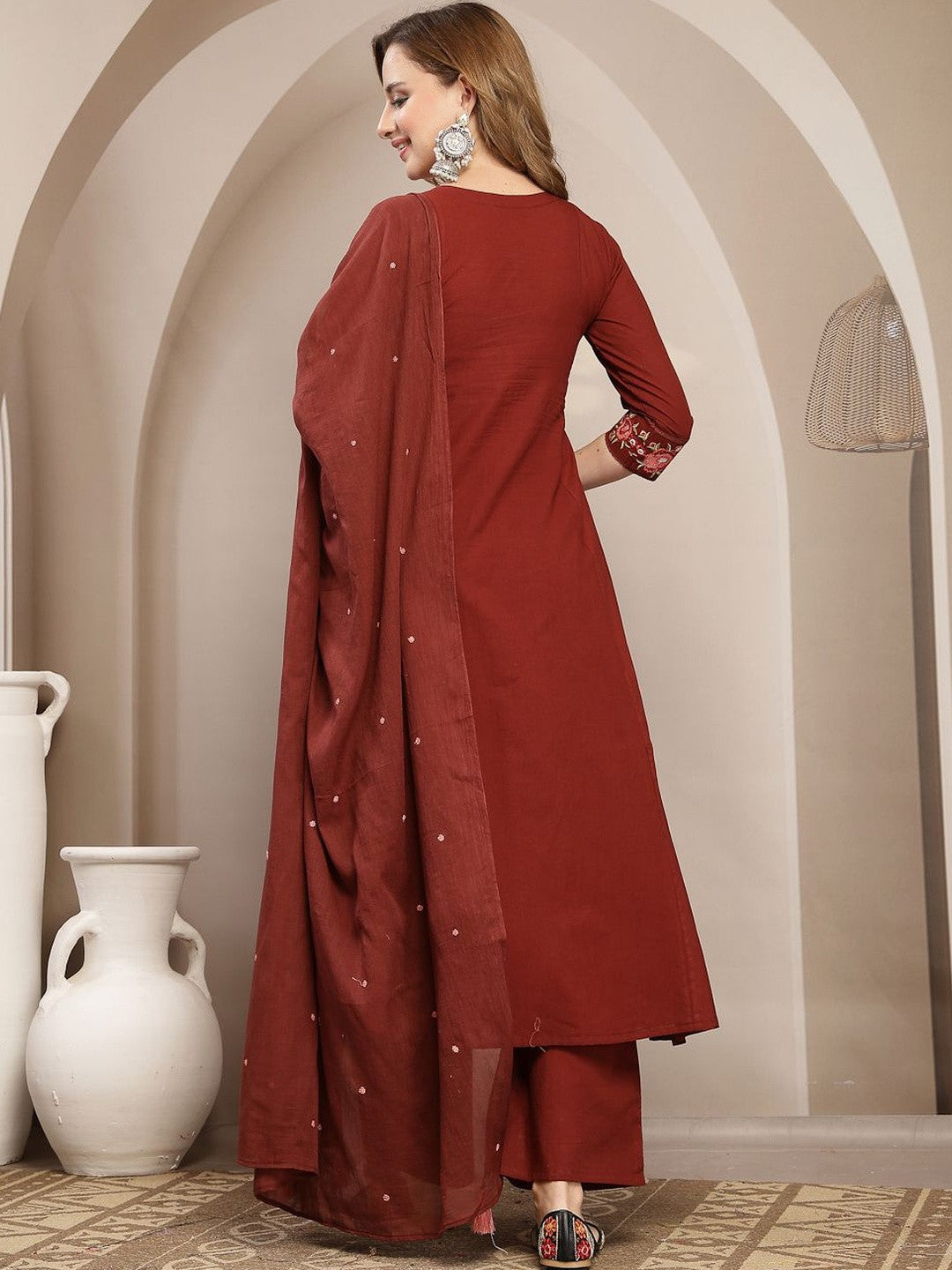 Women Floral Embroidered Angrakha Thread Work Pure Cotton Kurta with Palazzos & With Dupatta