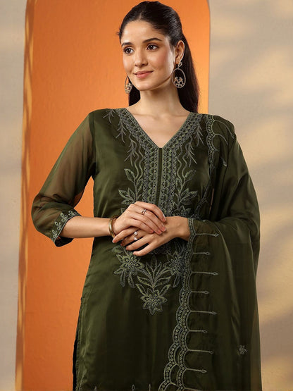 Ethnic Motifs Embroidered V-Neck Three-Quarter Sleeves Kurta With Palazzos & Dupatta