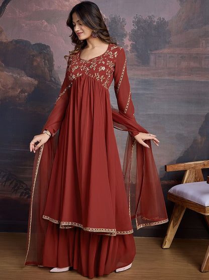 Dhiyona HOP Floral Embroidered Sequinned Georgette Kurta With Sharara & Dupatta