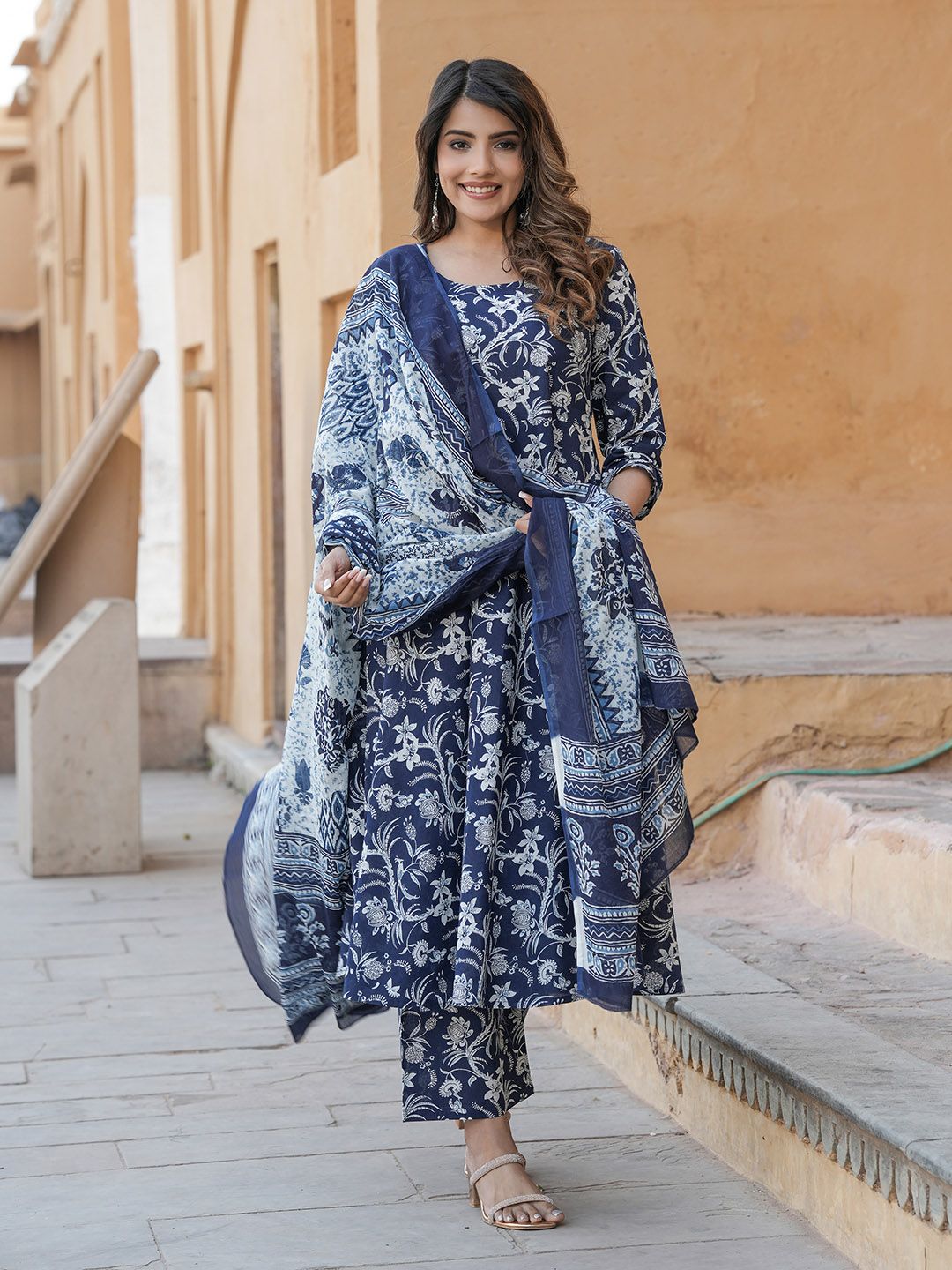 Dhiyona KL Floral Printed Pure Cotton Anarkali Kurta with Trousers & Dupatta
