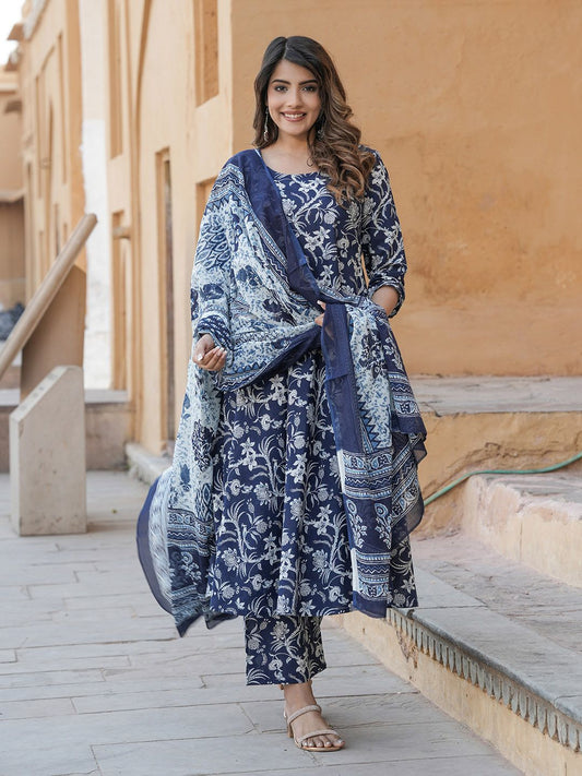 Dhiyona KL Floral Printed Pure Cotton Anarkali Kurta with Trousers & Dupatta