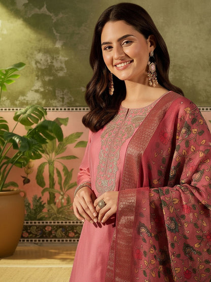 Yoke Design Round Neck Kurta & Trousers With Dupatta