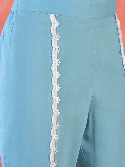 Floral Embroidered Chikankari V-Neck Pure Cotton Straight Kurta With Trousers