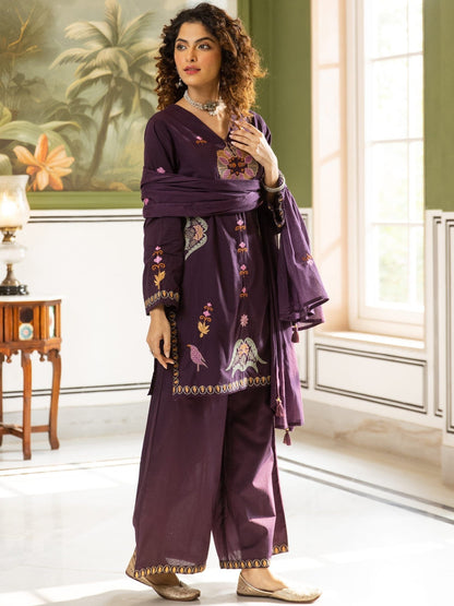 Embroidered Pure Cotton V-Neck Kurta & Palazzos With Dupatta