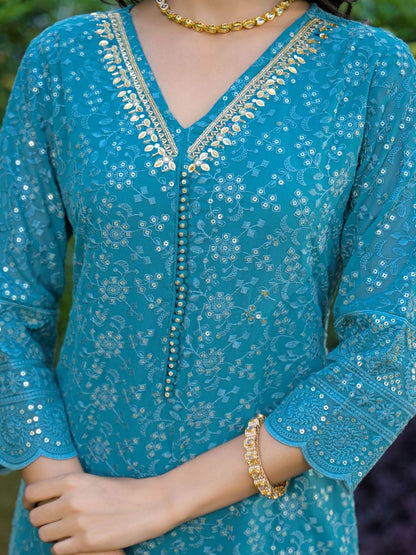 Dhiyona HOP Floral Motifs Embroidered Scalloped Short Kurta & Sharara With Dupatta