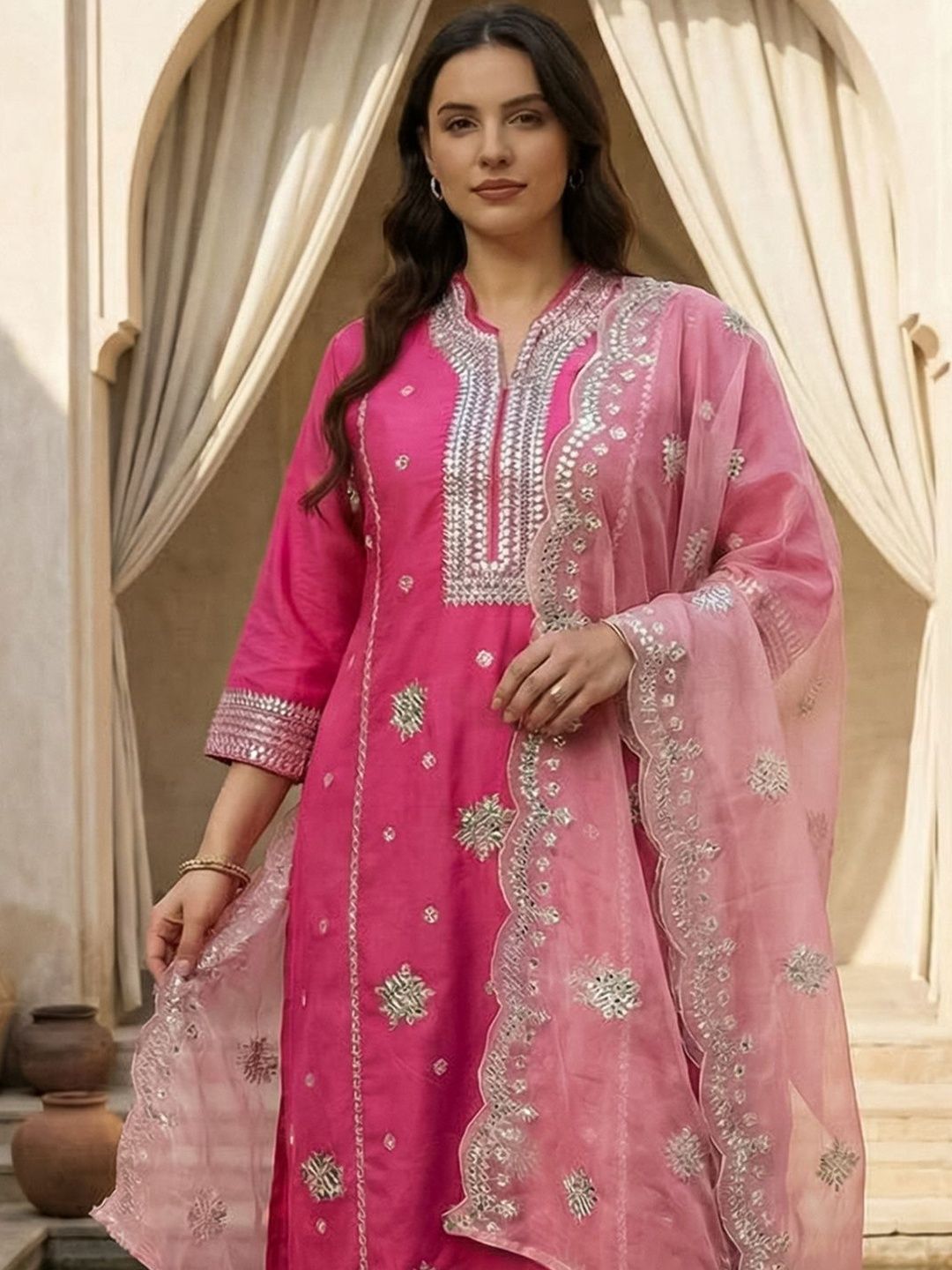 Dhiyona Women's Ethnic Motifs Embroidered Regular Thread Work Kurta with Trousers & With Dupatta