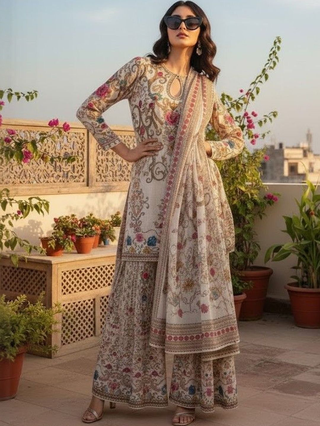 Dhiyona AN Floral Printed Keyhole Neck Straight Kurta With Sharara & Dupatta