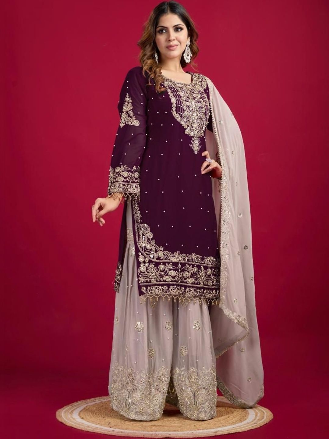 Dhiyona KL Women Embroidered Regular Sequinned Kurta with Sharara & With Dupatta