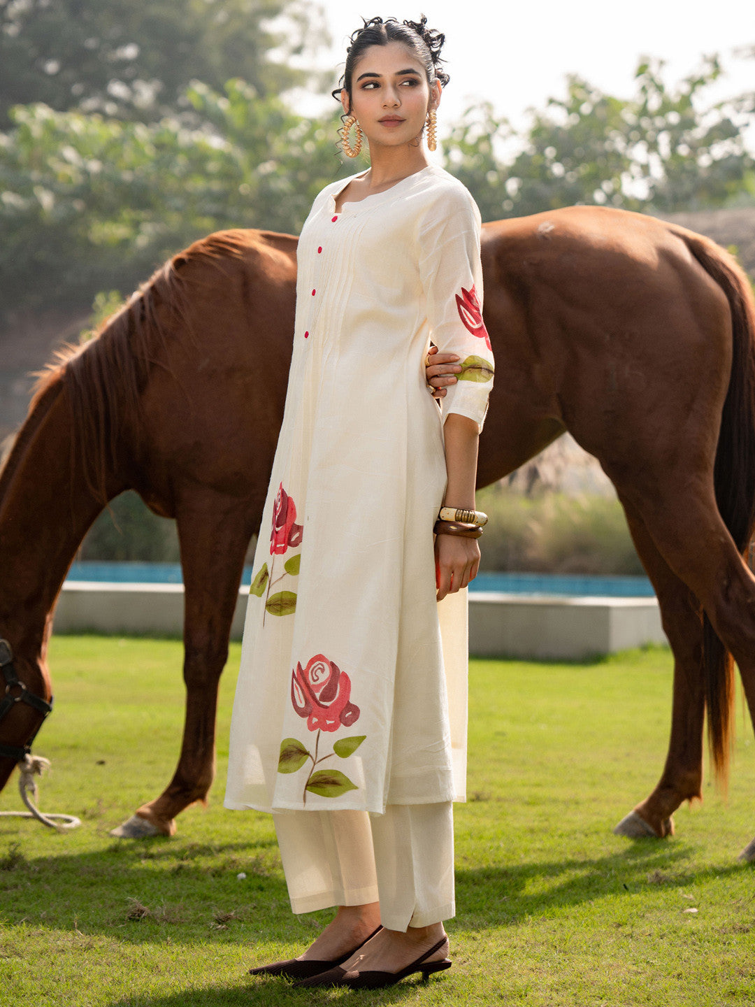 Floral Printed Mandarin Collar Pure Cotton A-Line Kurta With Trouser