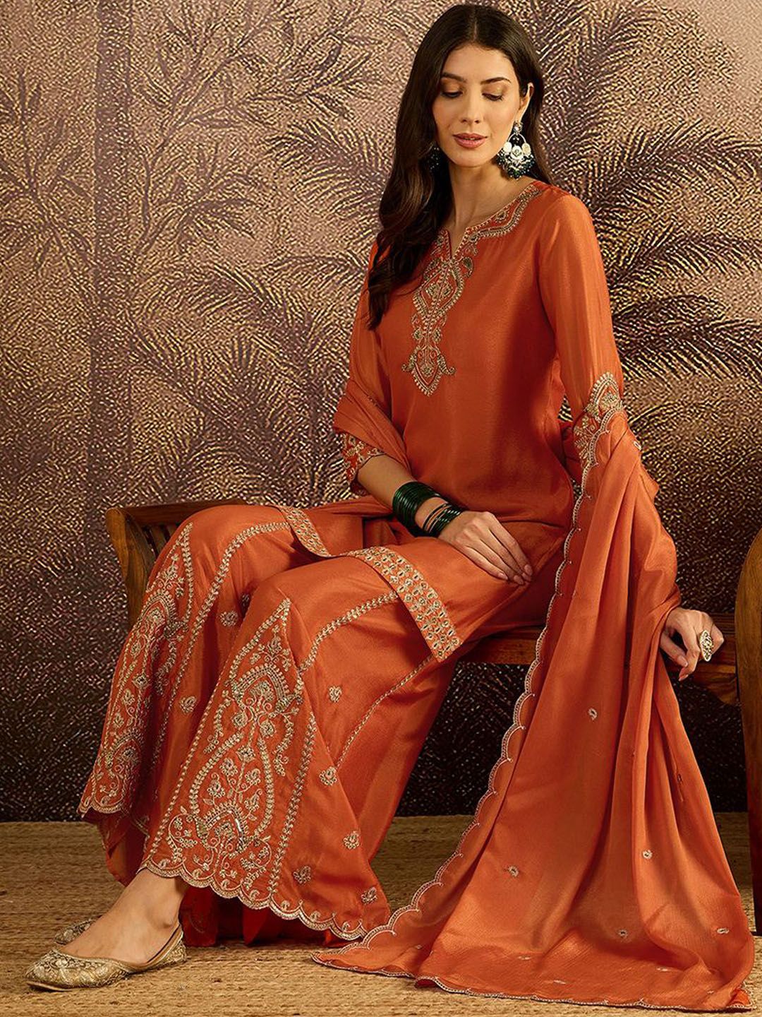 Dhiyona SN Zari Sequence Cording Embroidered Kurta With Palazzo And Dupatta