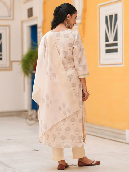 Dhiyona RR Women's Ethnic Motifs Printed Regular Chanderi Cotton Straight Kurta Set