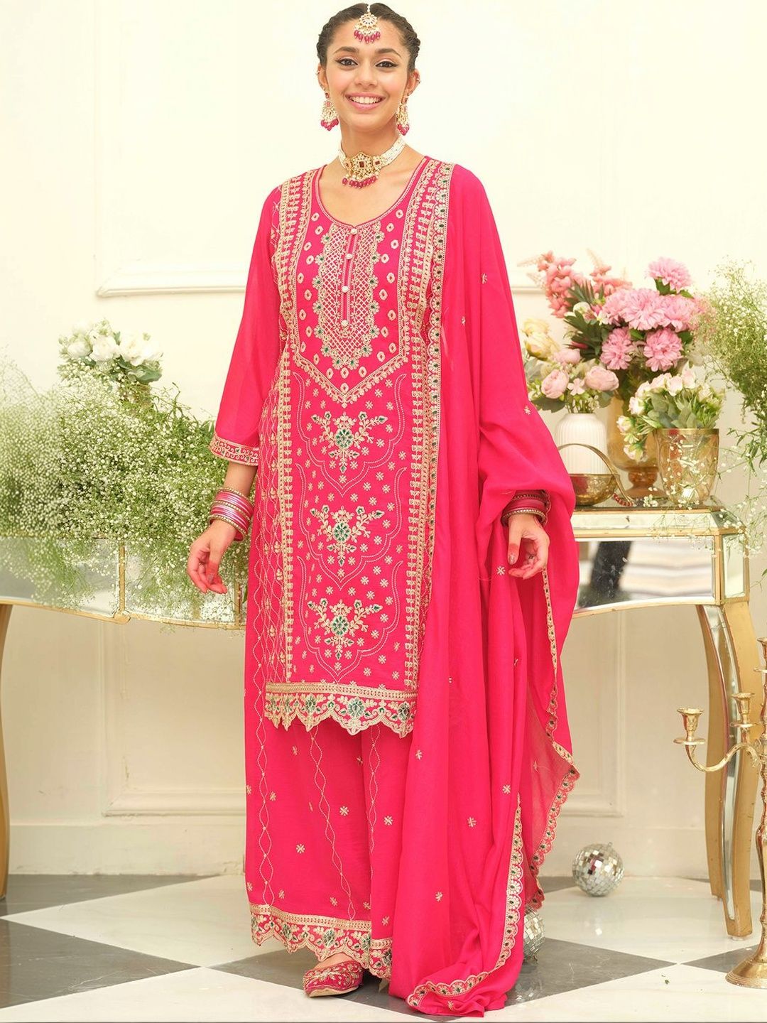 Dhiyona IE Women Ethnic Motifs Embroidered Regular Thread Work Kurta with Palazzos & With Dupatta