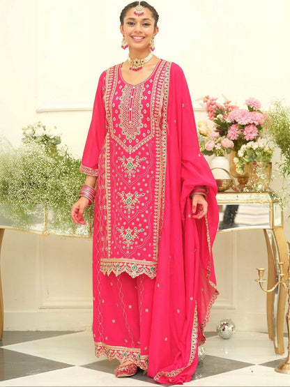 Dhiyona IE Women Ethnic Motifs Embroidered Regular Thread Work Kurta with Palazzos & With Dupatta
