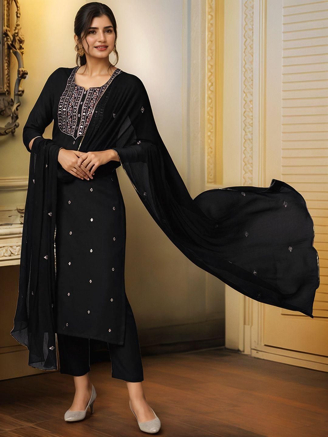 Dhiyona KL Women Black Rayon Blend Embroidered Straight Kurta Suit With Dupatta