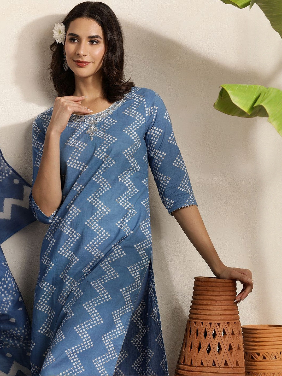 Bandhani Printed Beads And Stones Pure Cotton Kurta With Trousers & Dupatta