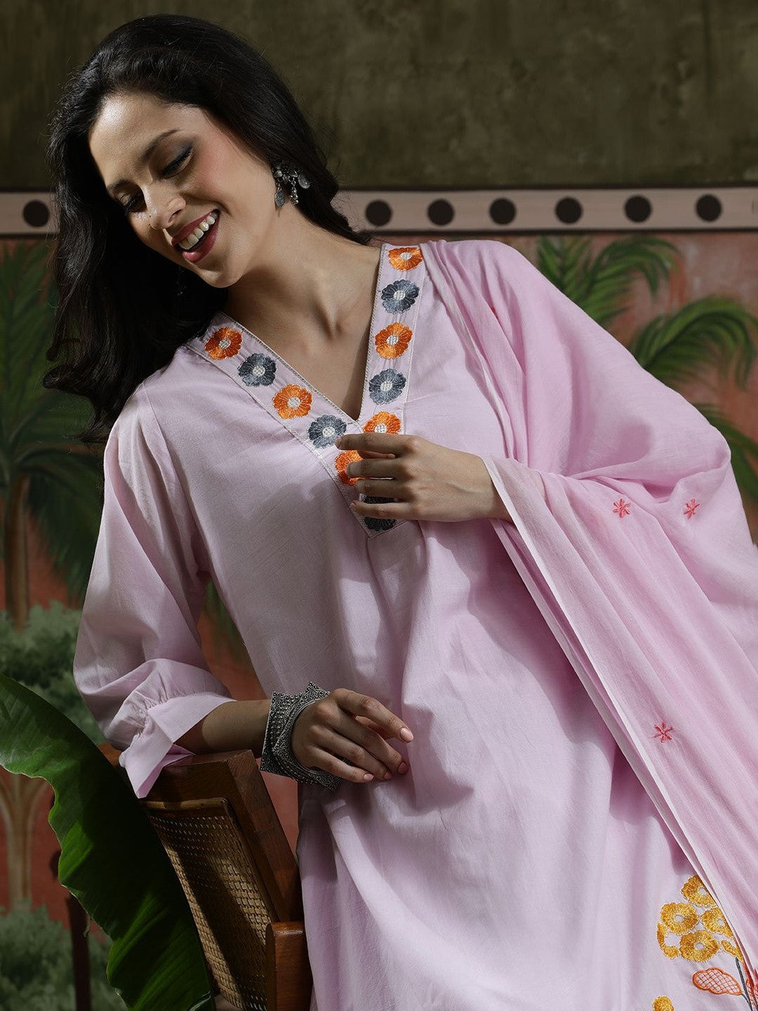 Embroidered Pure Cotton V-Neck Kurta & Trousers Kurta Sets