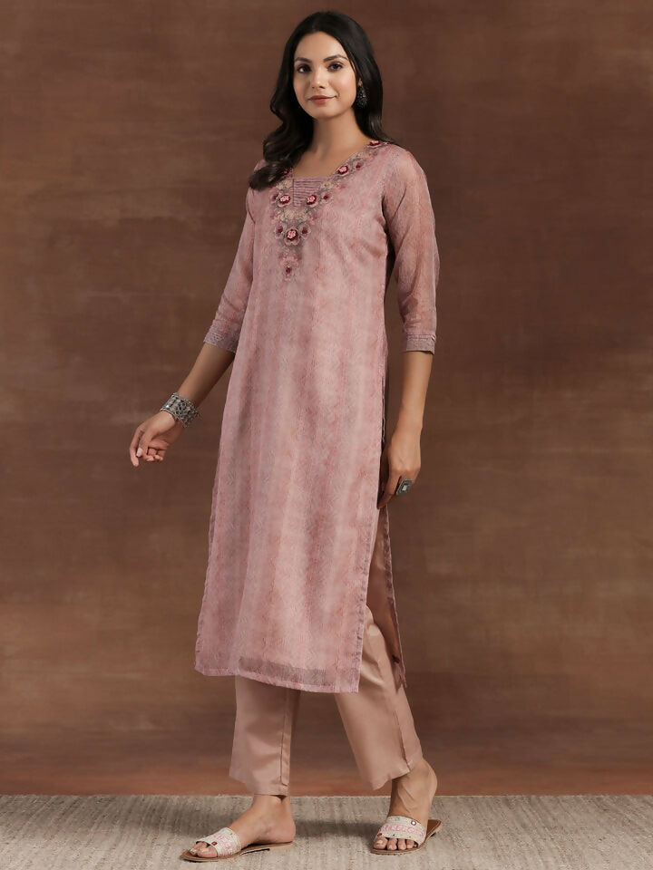 Women's LB Pink Printed Organza Straight Suit With Dupatta