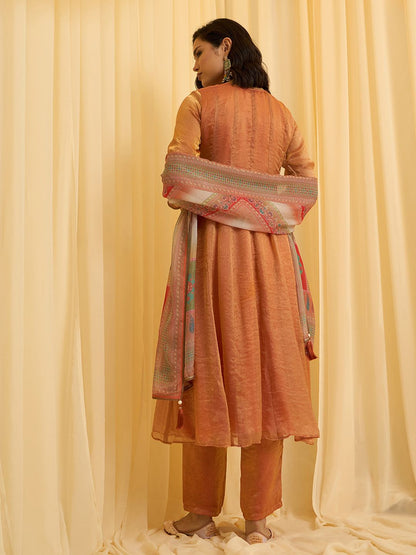 Dhiyona CH Embroidered Roud Neck Sequinned Chiffon Kurta With Trousers & Dupatta