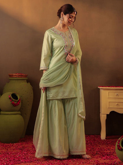 Dhiyona SC Floral Embroidered Gotta Patti Straight Kurta with Sharara & Dupatta