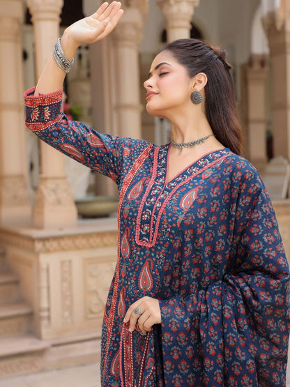 Dhiyona RR Women's Ethnic Motifs Printed Pleated Pure Cotton Kurta with Trousers & With Dupatta
