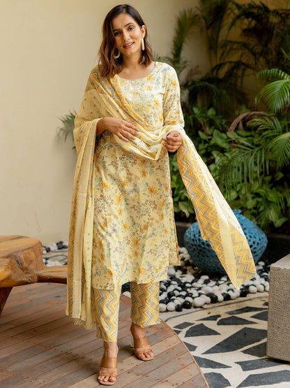 Dhiyona KL Floral Printed Sequinned Pure Cotton Kurta with Trousers & Dupatta