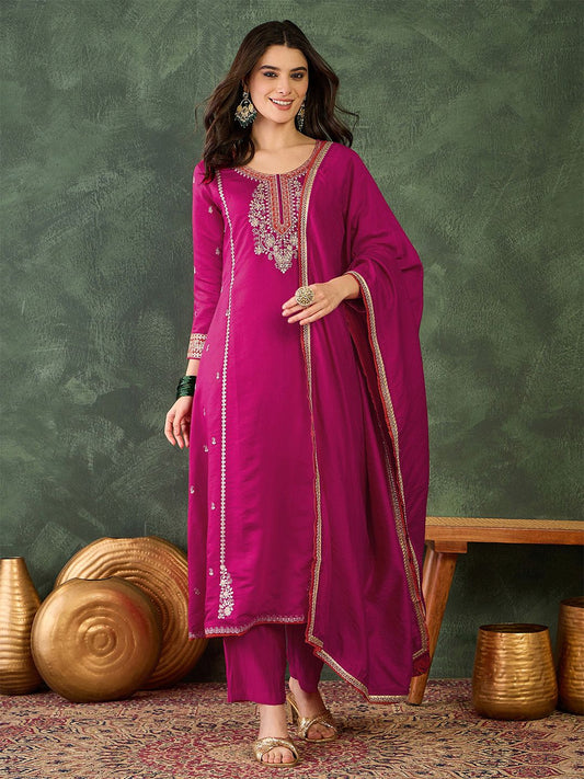 Dhiyona KL Women Ethnic Motifs Embroidered Regular Thread Work Kurta with Trousers & With Dupatta