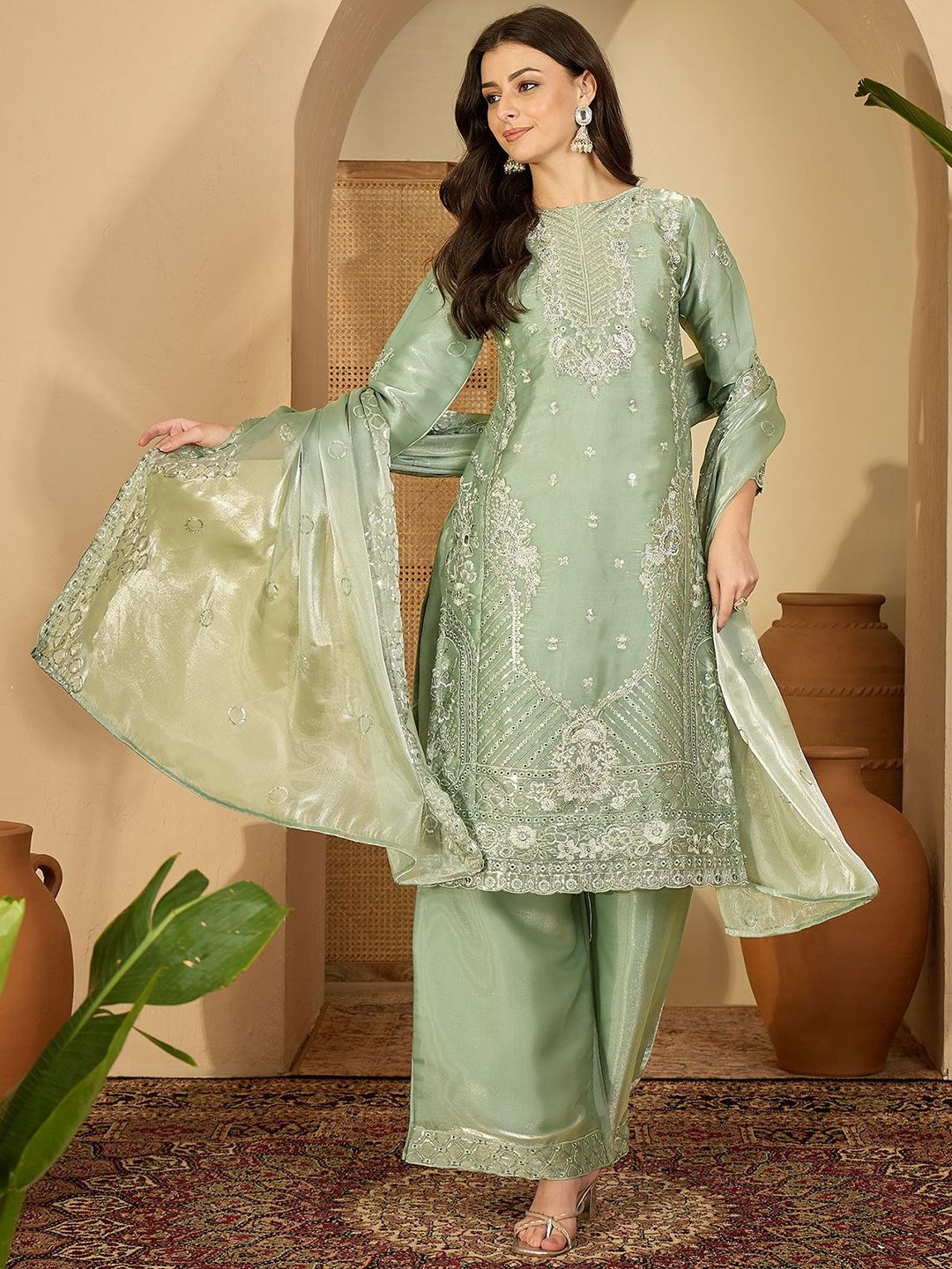 Dhiyona SN Women Floral Embroidered Silk Kurta with Palazzos & Dupatta