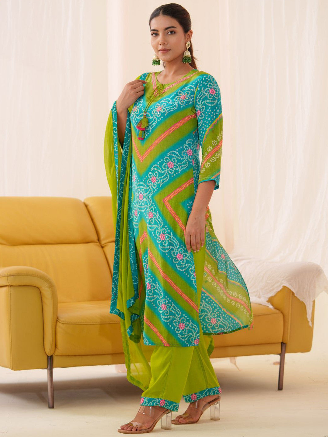 Embroidered Straight Kurta With Trousers & Dupatta