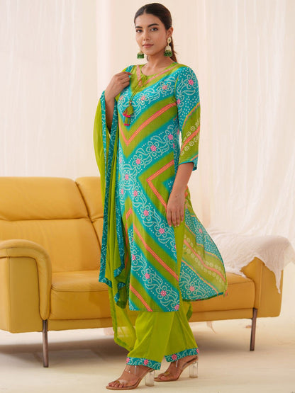Embroidered Straight Kurta With Trousers & Dupatta