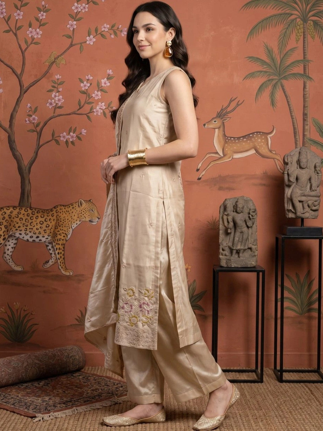 Women Floral Embroidered Regular Sequinned Silk Georgette Kurta with Palazzos & With Dupatta