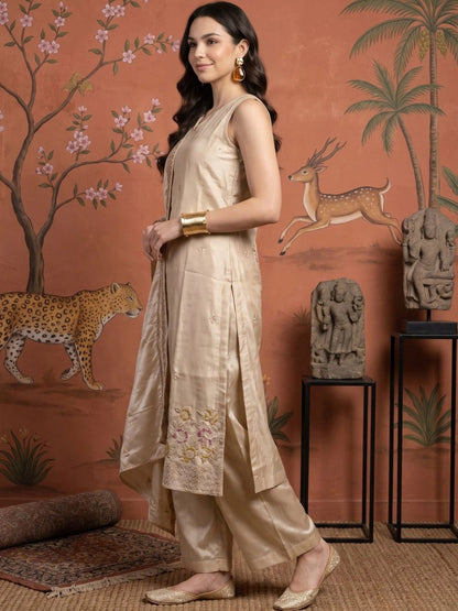Women Floral Embroidered Regular Sequinned Silk Georgette Kurta with Palazzos & With Dupatta