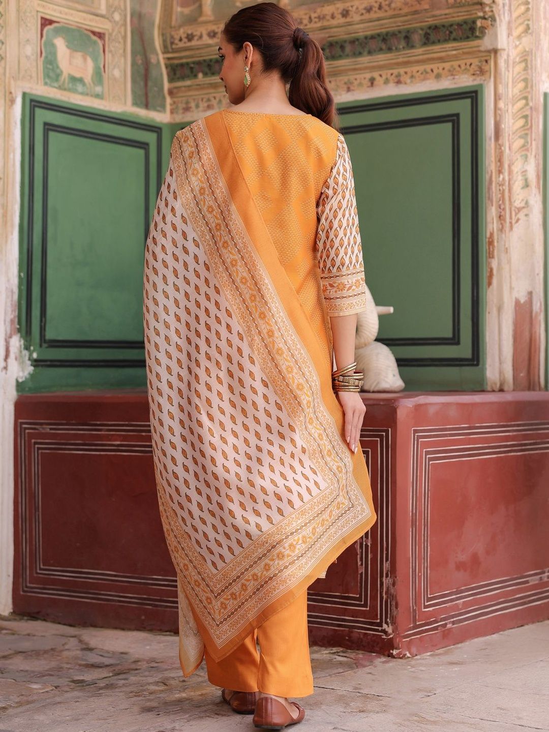 Dhiyona RR Women's Printed Chanderi Cotton Kurta with Trousers & Dupatta