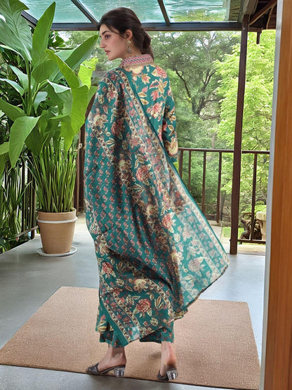 Dhiyona KL Women Green Rayon Blend Printed Anarkali Kurta Set With Dupatta