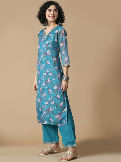 Floral Printed V Neck Straight Kurta With Palazzo