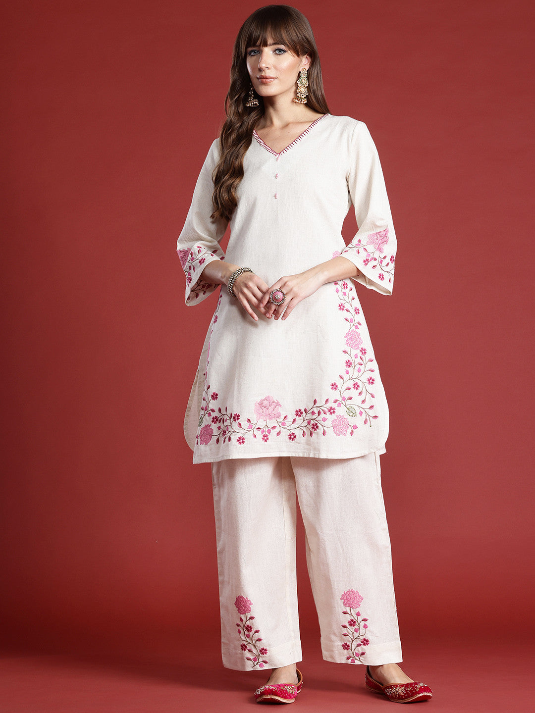Floral Embroidered Thread Work Pure Cotton Kurta with Palazzos