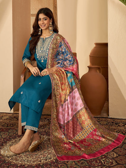 Women Silk Blend Embroidered Kurta Sets With Dupatta