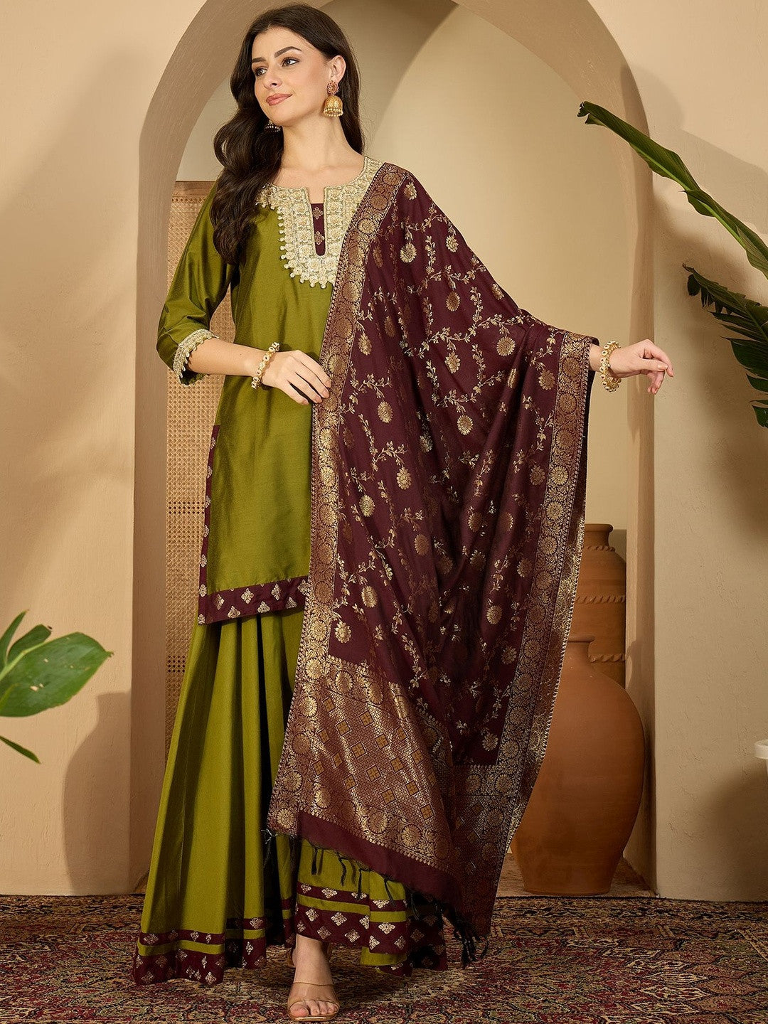 Women Ethnic Motifs Embroidered Kurta With Palazzos & Dupatta