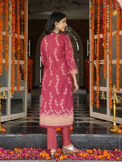 Dhiyona KL Floral Printed Sequinned V-Neck Straight Kurta With Trousers & Dupatta